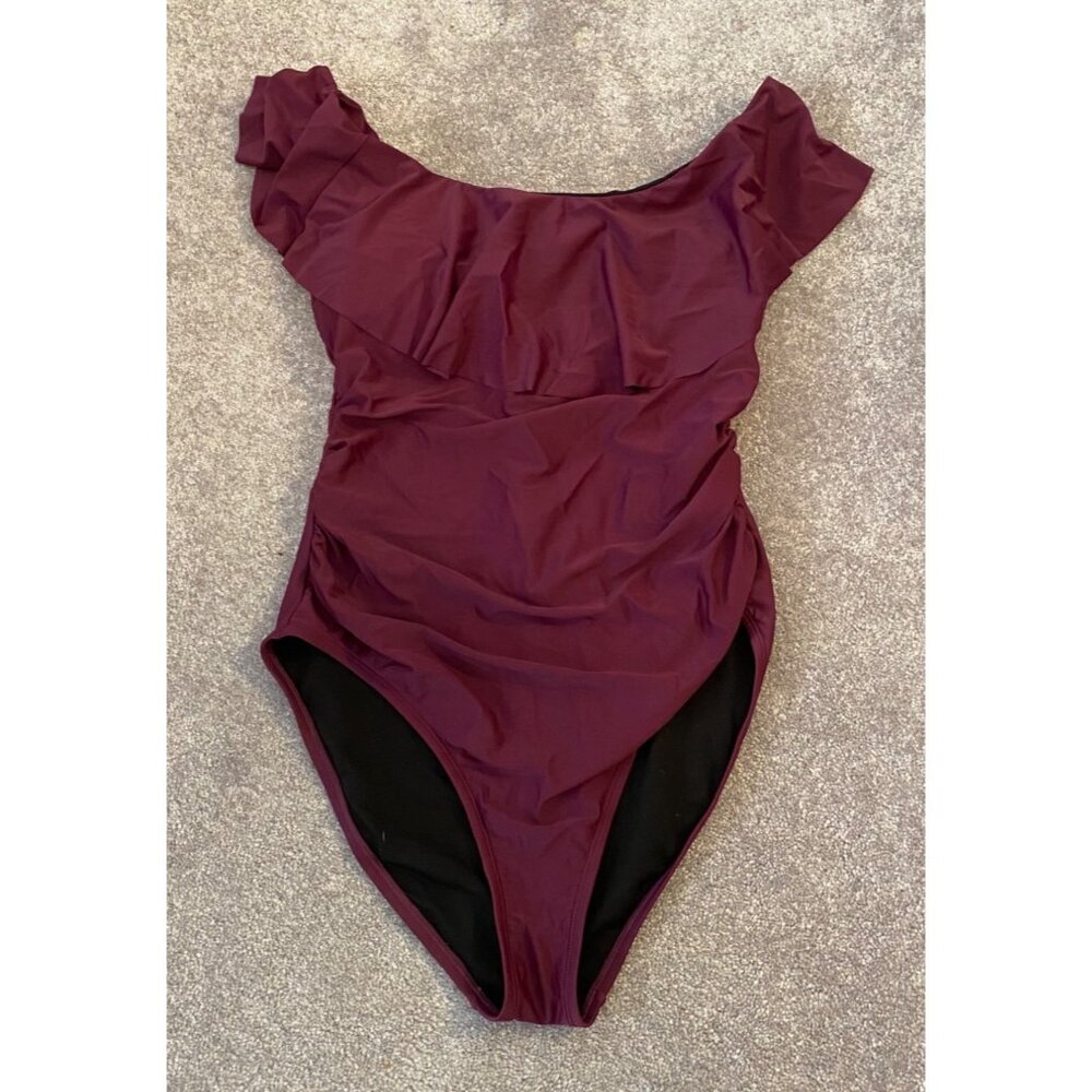 Hilor Off-Shoulder Ruffle One-Piece Swimsuit US 14 Burgundy